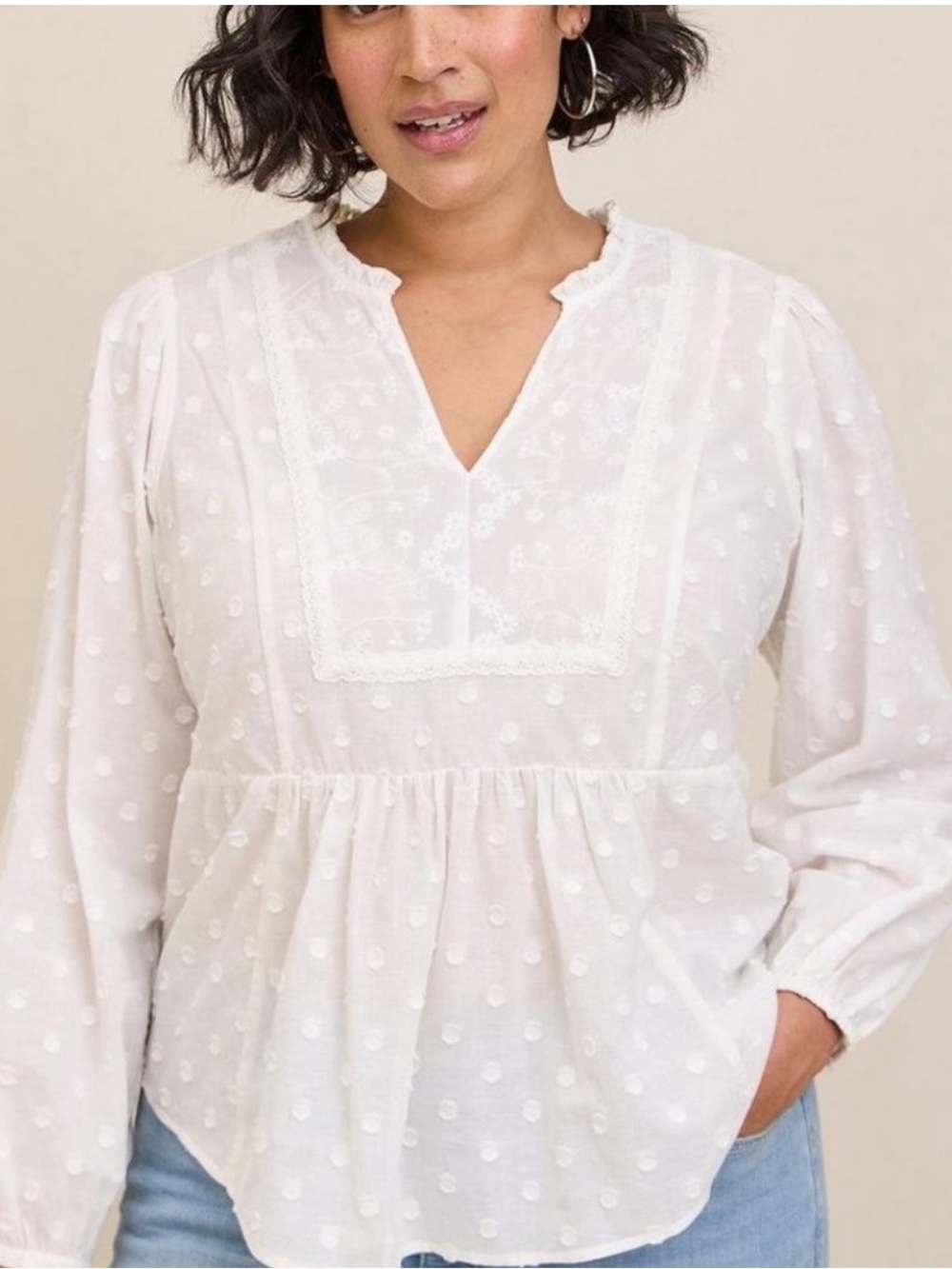 TORRID Cotton Clip Dot Mixed Eyelet Yoke Detail White Babydoll Top, Size 4X
